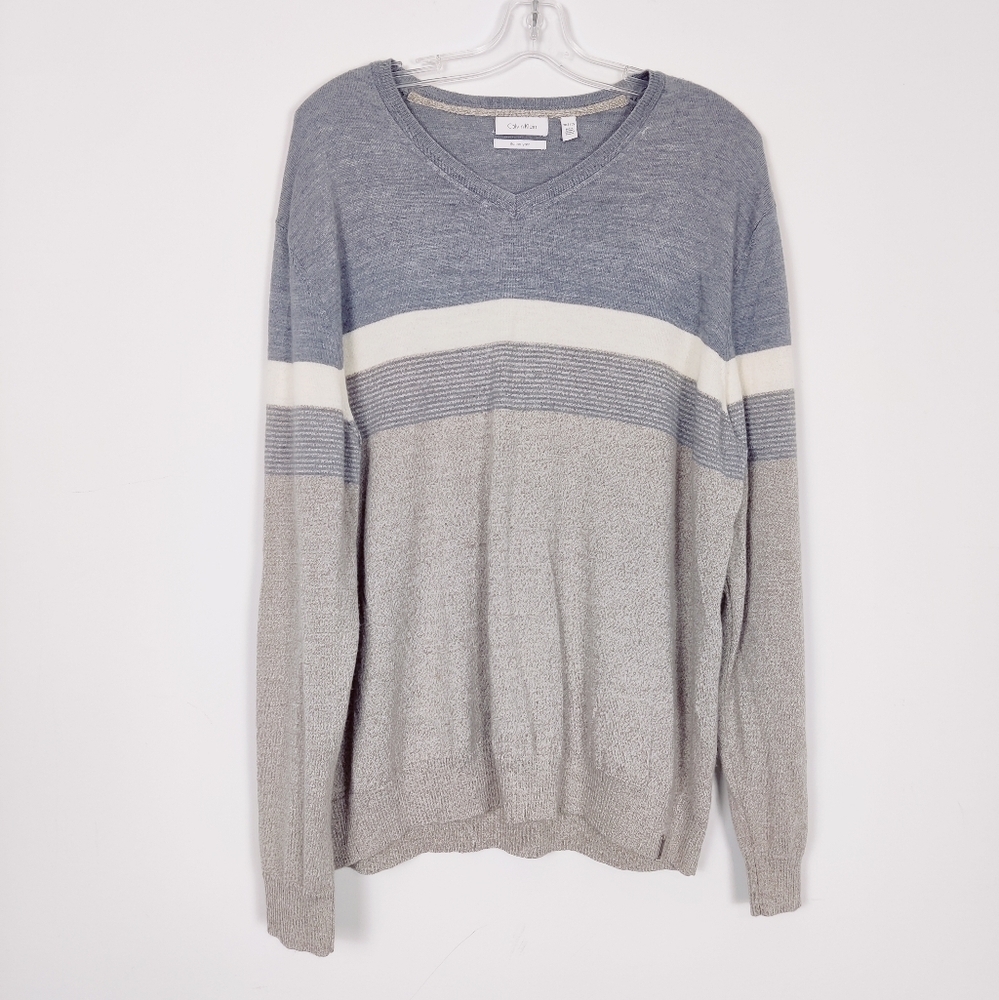 Calvin Klein Men's Striped Sweater in Cream & Blue Size XXL Wool Blend